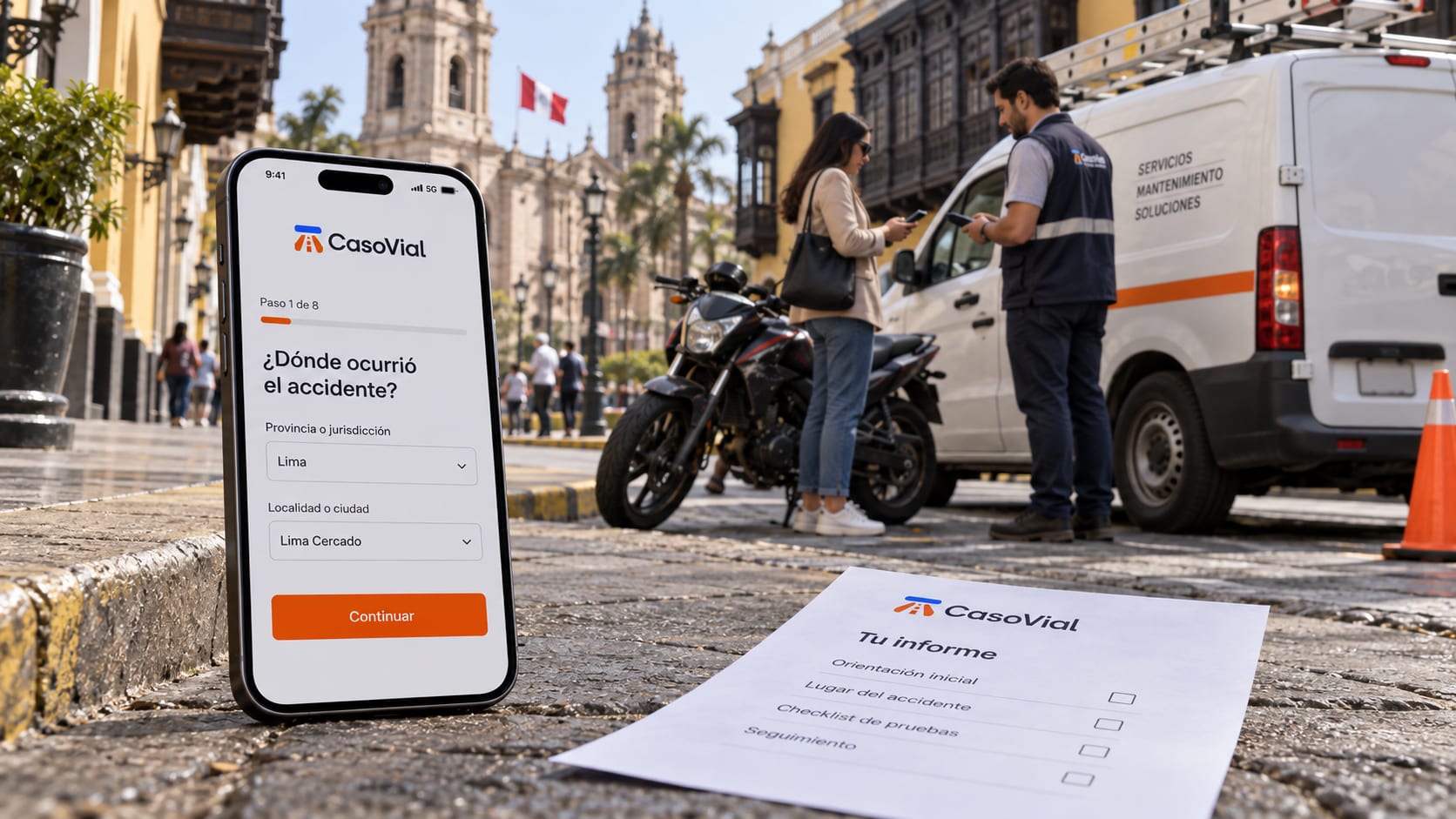 Escena ilustrativa de un accidente de tránsito en Lima, Perú, con un teléfono y el informe de CasoVial